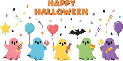 Fototapeta premium Colorful ghosts holding balloons and candies celebrating happy halloween, creating a festive and joyful atmosphere