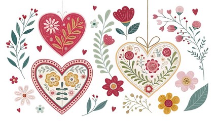 Elegant hearts with floral decorations, illustration art. Separate white background.