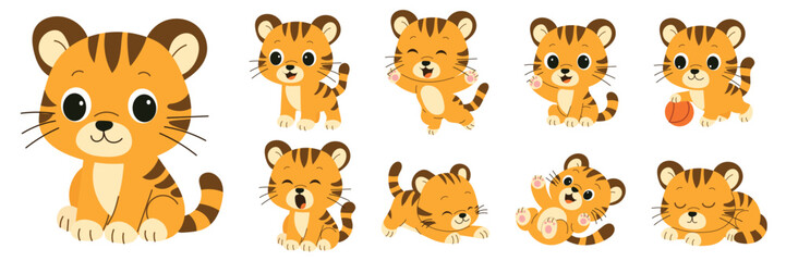 Cute Tiger Cub Cartoon Set. Hand Drawn Vector Art