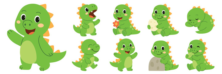 Cute green dinosaurs set. Hand Drawn Vector Art