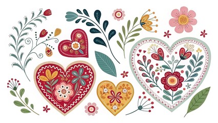 Decorative floral heart set for romantic design projects. Separate white background.