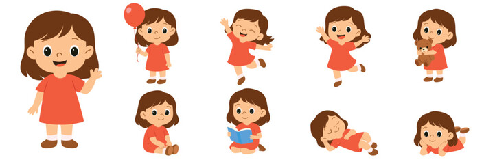 Cute girl in different poses. Hand Drawn Vector Art