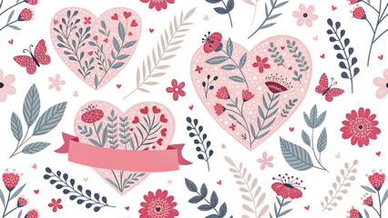 Botanical Valentine’s Day seamless design with floral hearts, pink ornaments, and butterflies. White background.