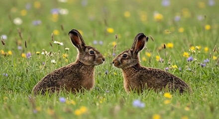 Obraz premium Two hares in a meadow