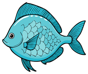 Cartoon turquoise fish illustration with scales and fins on a white background