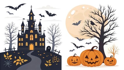 Halloween design set, vector silhouettes for celebration decorations. White background.