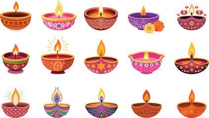  collection of Diwali diya flat illustration with different diya and vibbrant color