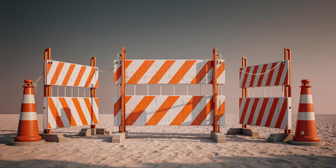 Orange and white striped road barriers with traffic cones on sandy ground symbolizing construction warning - AI generated
