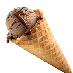 Chocolate ice cream in waffle cone with chocolate syrup on transparent background