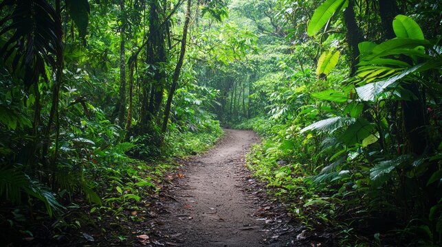 Hiking in green tropical jungle
