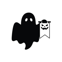 Black ghost holding halloween banner icon vector