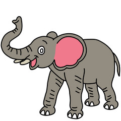 Cute cartoon elephant illustration with a happy expression, big pink ears, and playful trunk