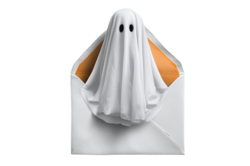 A Halloween ghost emerging from an envelope, isolated on a transparent background.