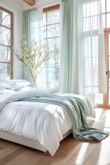 Sunlight illuminating modern bedroom with white bedding and flowering branches