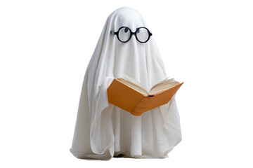 A Halloween ghost wearing round glasses and reading a book, isolated on a transparent background.