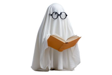 A Halloween ghost wearing round glasses and reading a book, isolated on a transparent background.