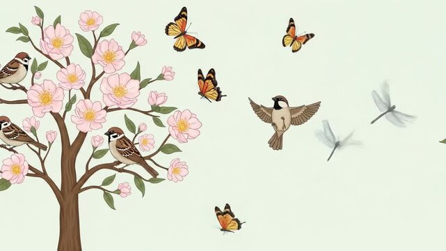 Birds in flowering tree, butterflies and dragonflies in a nature scene