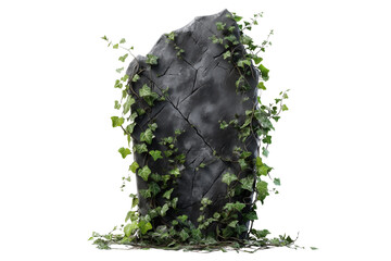A Halloween gravestone cracked with ivy vines, isolated on a transparent background.