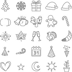 A curated collection of festive and seasonal line art icons. A diverse selection of winter and autumn holiday symbols in minimalistic outline style, perfectly suitable for design. 