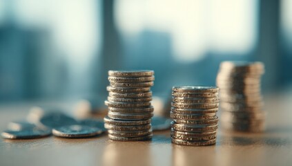 Stacks of coins on a table, blurred background