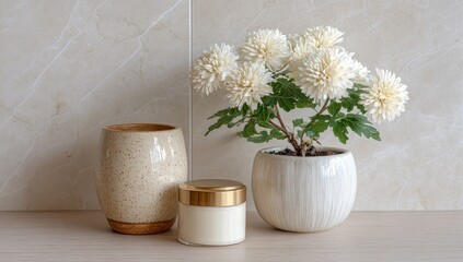 Cream jar, potted white chrysanthemums, and ceramic vases on a light beige surface