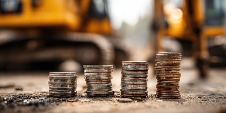 Stacks of coins on dirt with construction equipment in the background - Powered by Adobe