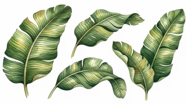 Four detailed watercolor-style banana leaves against a white background