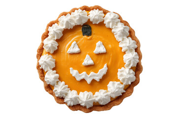 A Halloween pumpkin pie with whipped cream and spooky face, isolated on a transparent background.
