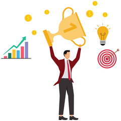 A businessman in a suit celebrates success by holding a trophy above his head, isolated on white background a bar graph, light bulb, target, and coins surround him