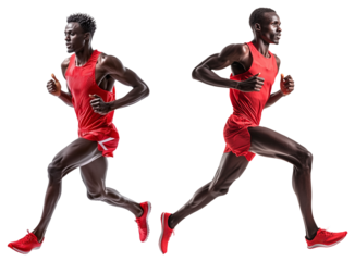 Athletic man runner in red sportswear sprinting outdoors, determined expression, isolated on transparency background, healthy lifestyle