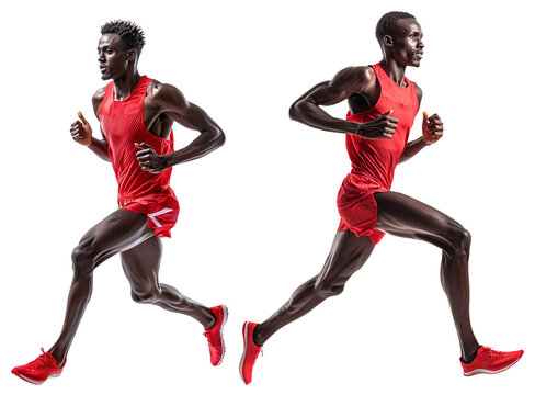 Athletic man runner in red sportswear sprinting outdoors, determined expression, isolated on transparency background, healthy lifestyle