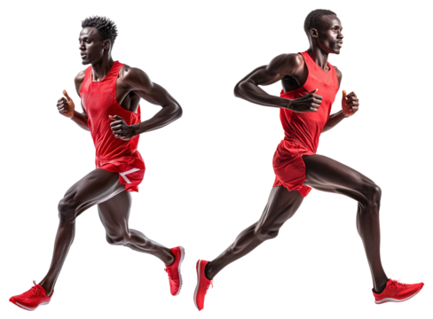 Athletic man runner in red sportswear sprinting outdoors, determined expression, isolated on transparency background, healthy lifestyle