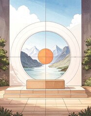 Serene mountain lake view through minimalist frame