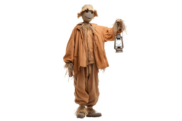 A Halloween scarecrow holding a lantern in one hand, isolated on a transparent background.