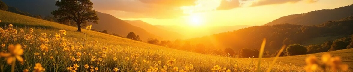 Golden sunlight bathes a landscape in warm, vibrant hues Perfect for summer, vacation, or nature themes Showcases the beauty of a bright, cloudless day , energy, grass