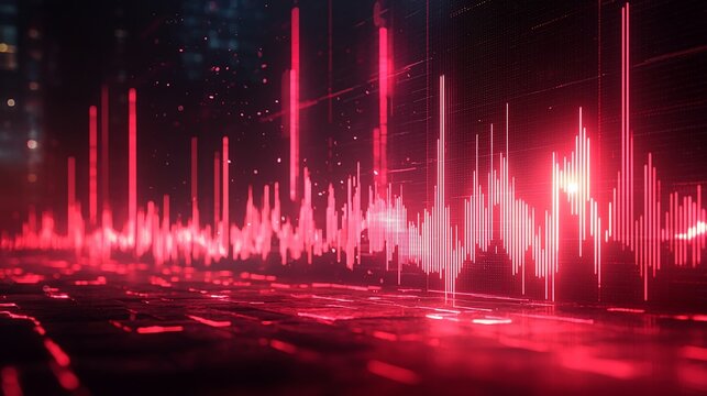 Abstract digital audio waveforms with city lights in background