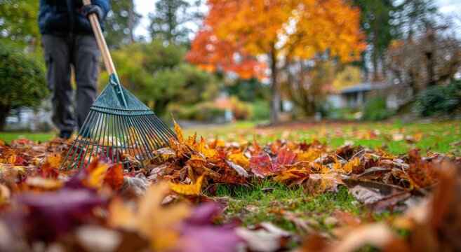 Person raking autumn leaves