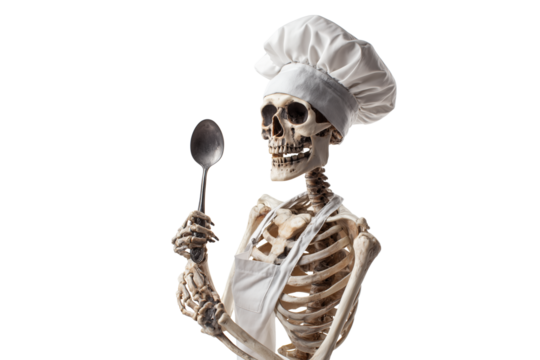 A Halloween skeleton chef wearing a hat and holding a spoon, isolated on a transparent background. - Powered by Adobe