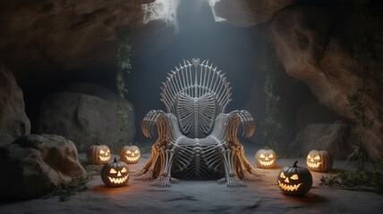 Spooky skeleton throne surrounded by glowing jack-o'-lanterns in a dark, atmospheric cave setting, perfect for Halloween celebrations and horror themes.