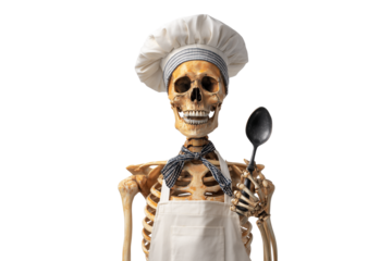 A Halloween skeleton chef wearing a hat and holding a spoon, isolated on a transparent background.