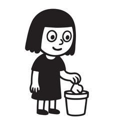 Simple cartoon drawing of a girl throwing trash away