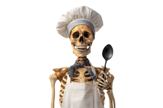 A Halloween skeleton chef wearing a hat and holding a spoon, isolated on a transparent background.