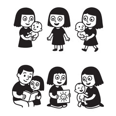 Illustrations of a girl and her family in various activities