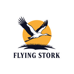 Fototapeta premium A stylized illustration of a stork in flight, wings spread, silhouetted against a yellow sun and above a patch of grass.