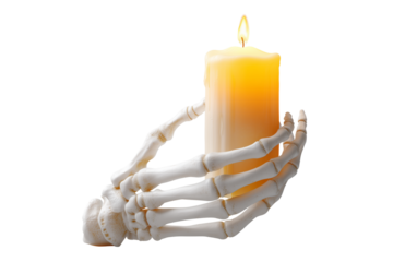 A Halloween skeleton hand holding a burning candle, isolated on a transparent background.