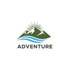 Mountain logo design featuring adventure text and water, symbolizing exploration and nature.