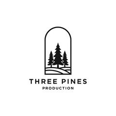 A minimalist black and white logo featuring three stylized pine trees within an arched frame, representing a production company.