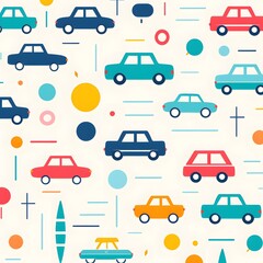 Fototapeta premium Decorative vector cartoon of colorful cars in repeating pattern, symbolizing humor, childhood, culture and lifestyle, a decorative artwork merging automotive subject with playful decorative cartoon il