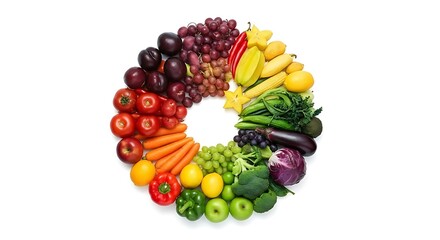 Vibrant rainbow of fresh fruits and vegetables arranged in a circle