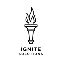 A minimalist line art illustration of a torch with a flame, above the words "IGNITE SOLUTIONS".